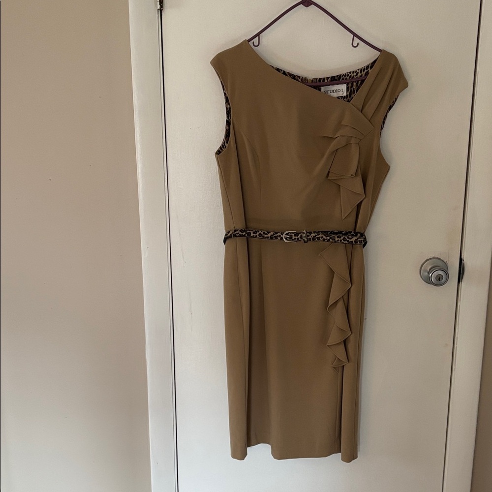 Studio I Tan Midi Dress with Leopard-Print Belt